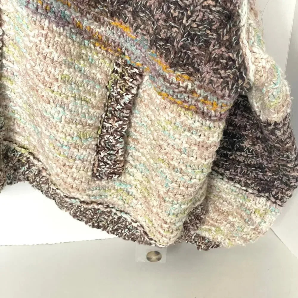 Free People Isabella Cardigan Chunky Knit Slouchy Brown Cream Patchwork L